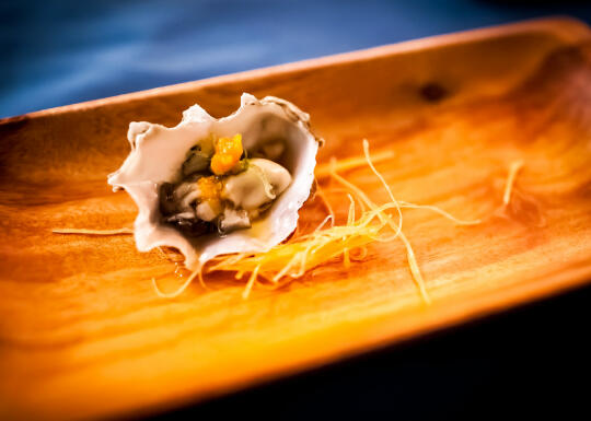 Course 2: Canal Oysters with tobiko, basil chiffonade, Sriracha, and ponzu sauce