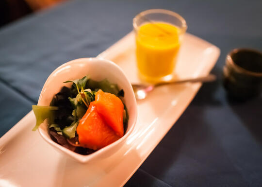 Course 1: Pumpkin-carrot soup and a coho salmon salad with three types of seaweed and a miso-sesame dressing