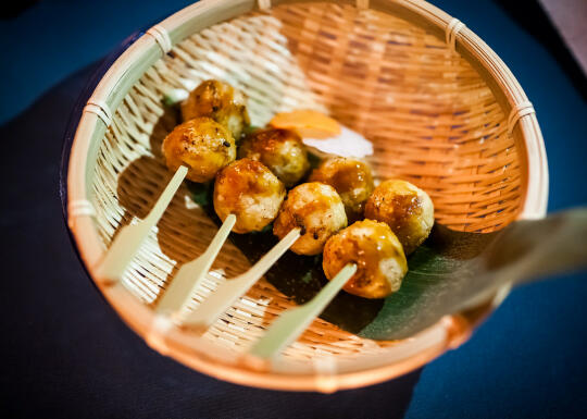 Course 4: Vegan tsukune made of mountain yam, panko, water chestnuts, and bean curd. (Tsukune are usually chicken meatballs)