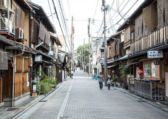 Smaller street lined with restaurants in the Gion area