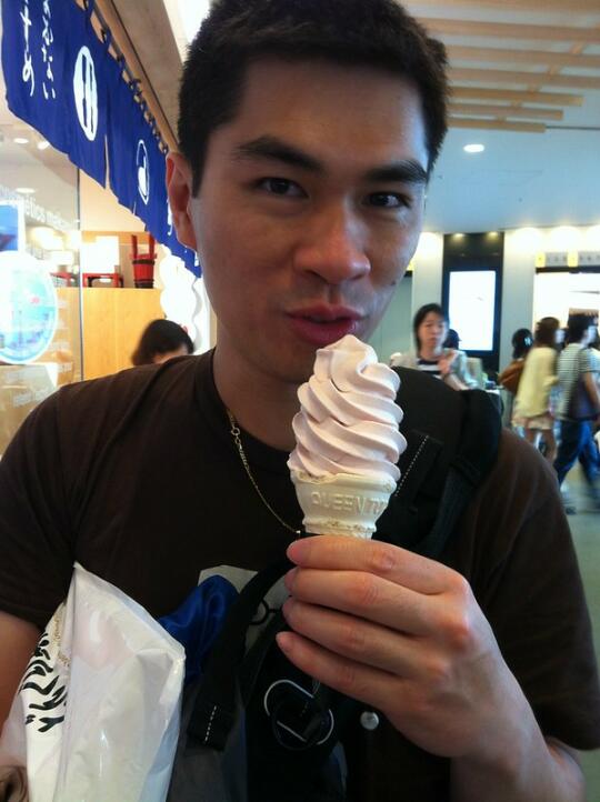 Son with our strawberry milk soft cream