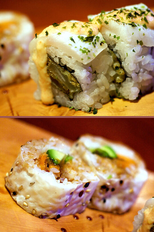 Black Cod, Tempura Onion Roll with Tarako Infused Aioli, and Namagi, Tempura Sweet Potato, and Avocado Roll