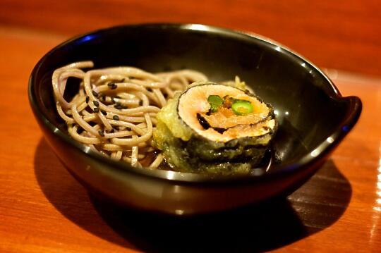 Salmon, Grilled Asparagus, Shiso, and Masago Tempura Fried, with Soba Noodles