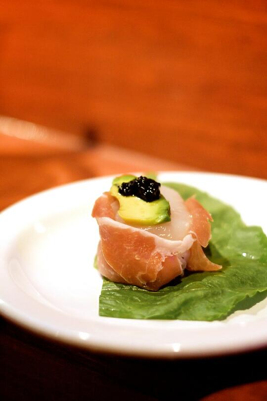 Scallop and Dungeness Crab Salad Wrapped in Prosciutto with Lumpfish Caviar and Avocado