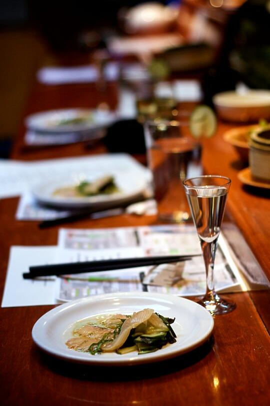 Rainbow Trout with Sunomono, Ponzu Shoyu, and Shiso infused with Grapeseed Oil