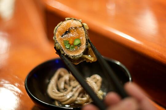 Salmon, Grilled Asparagus, Shiso, and Masago Tempura Fried, with Soba Noodles