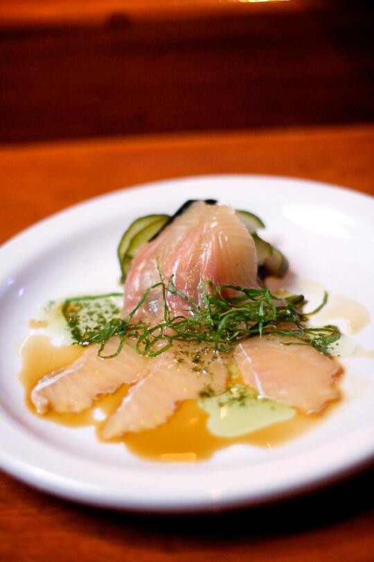 Rainbow Trout with Sunomono, Ponzu Shoyu, and Shiso infused with Grapeseed Oil