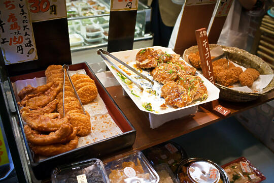 Fried potato and fish cakes at Nishiki Market