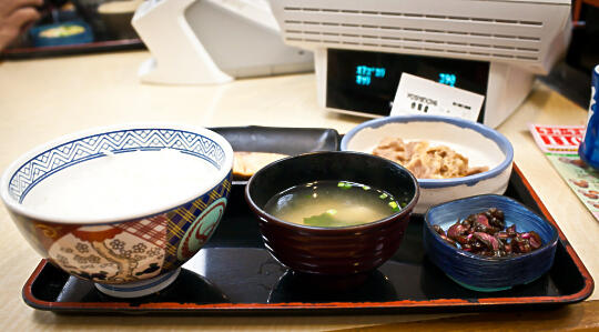 Son's meal (rice, beef, pickles, fish, miso soup) in Yoshinoya