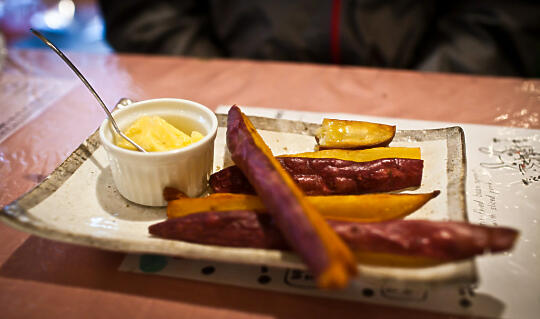 Fried sweet potatoes with honey butter