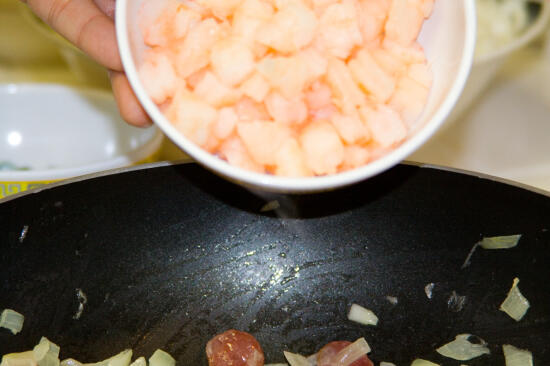 Pour in the chopped shrimp...