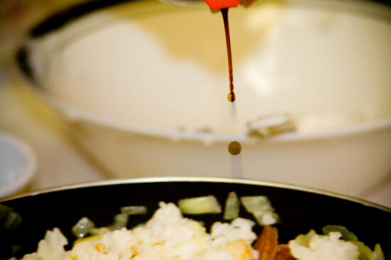 Pour the shoyu into the pan