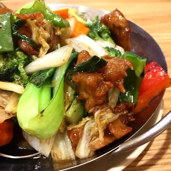 Bok choy and vegan chicken