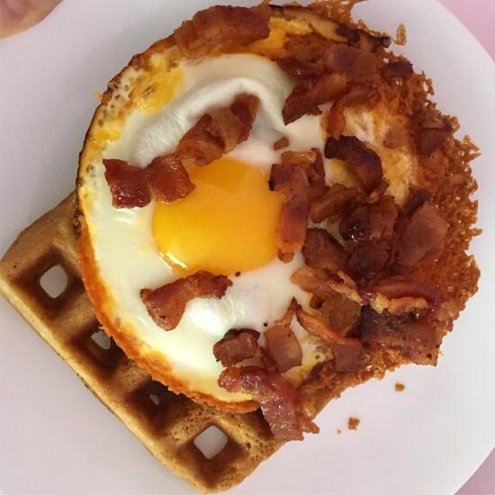 Waffle with frico egg and bacon