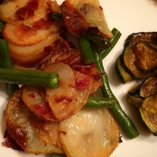 Green bean potato salad, garlic zucchini