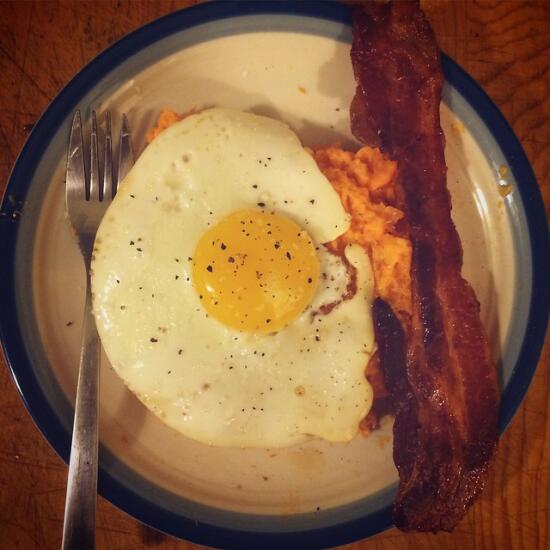 Mashed sweet potato, bacon, egg