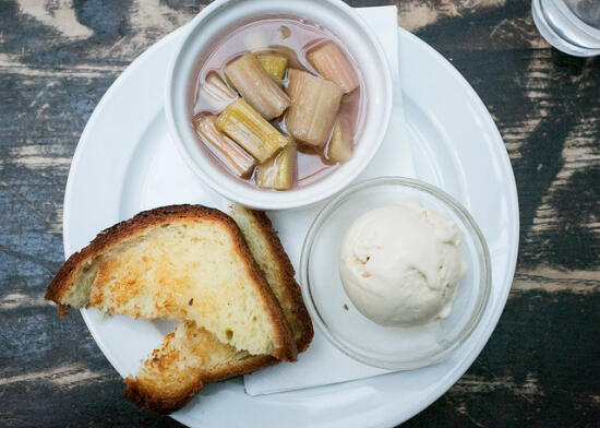 Poached rhubarb with toasted brioche and ice cream