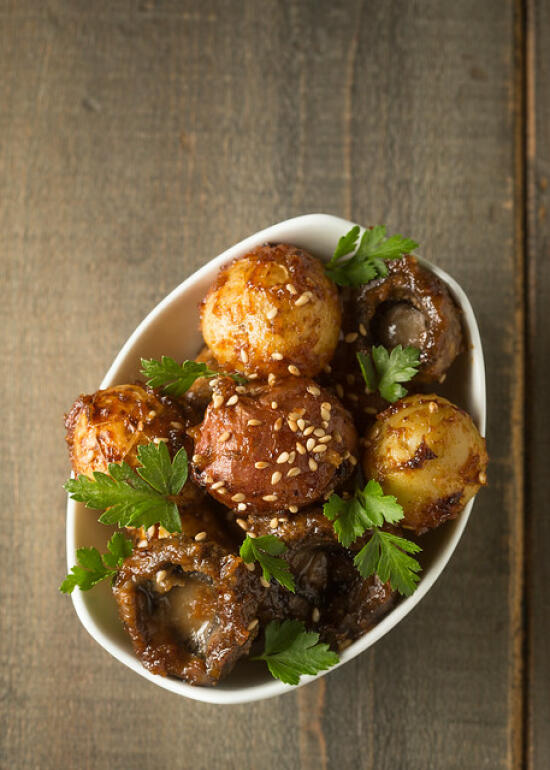 miso-roasted potatoes and mushrooms