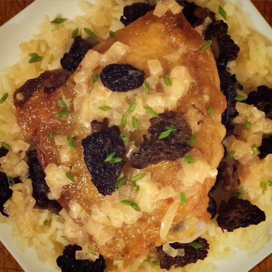 Chicken and rice with morel sauce