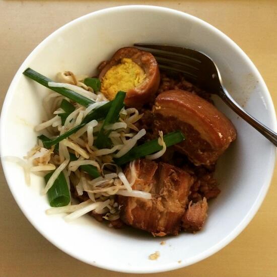 Vietnamese braised pork belly and pickled bean sprouts