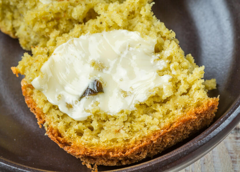 Mealie bread - zambian cornbread with roasted poblanos, topped with butter