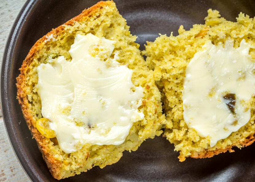 Mealie bread - zambian cornbread with roasted poblanos, topped with butter